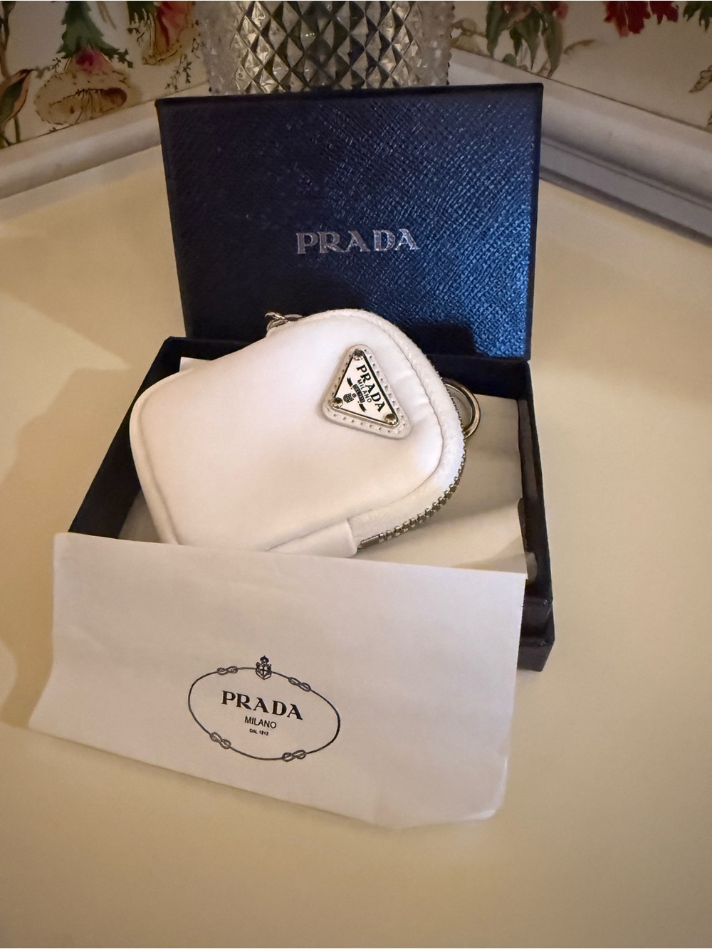 Prada White Mini Pouch Keychain Charm – Silver Hardware – Box